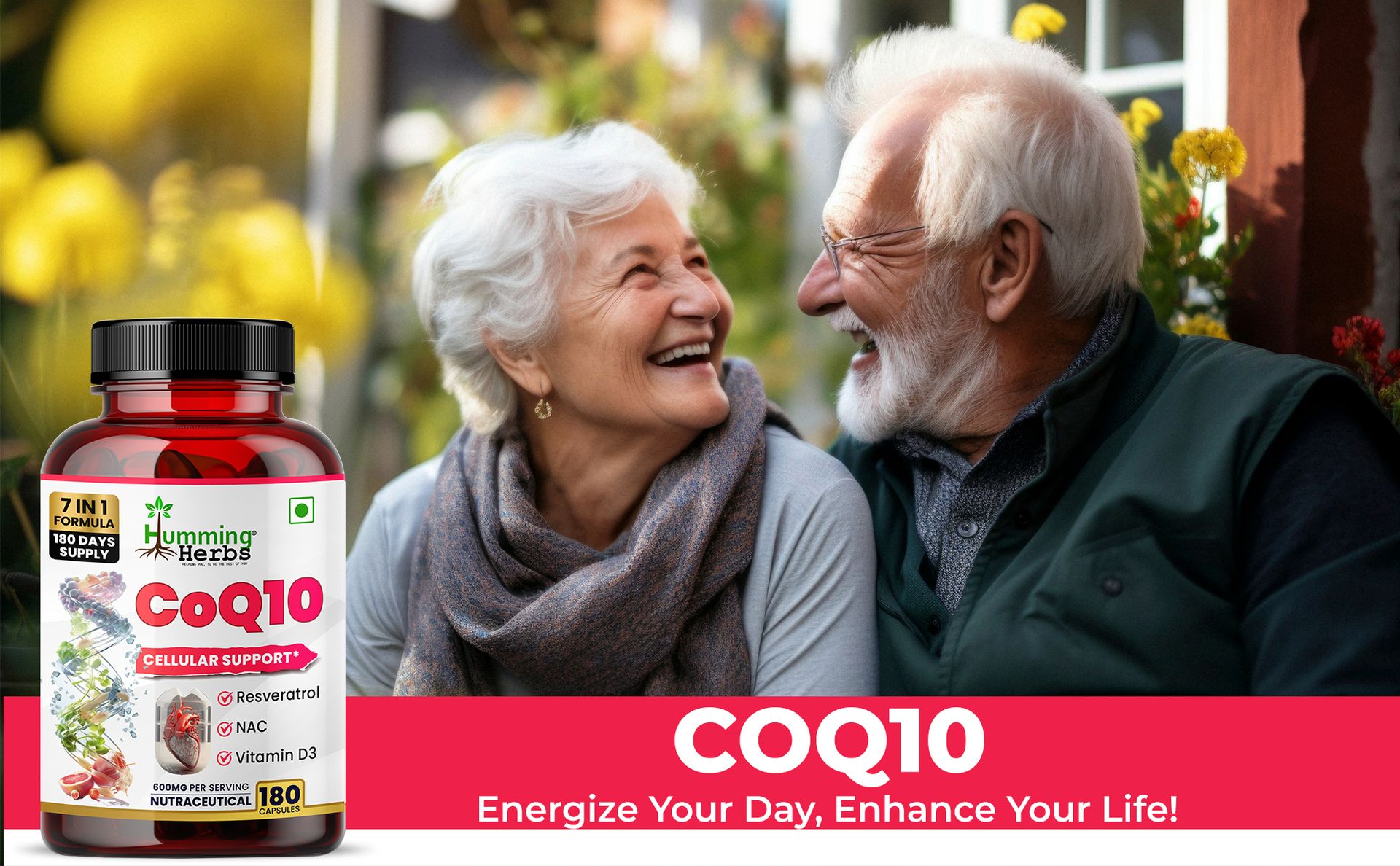 Humming Herbs CoQ10 Supplement 7-in-1 with Resveratrol NAC ALA Magnesium Vitamin K2 (MK-7) & Vitamin D3 – Cellular Energy & Antioxidant Support – 180 Veg Capsules