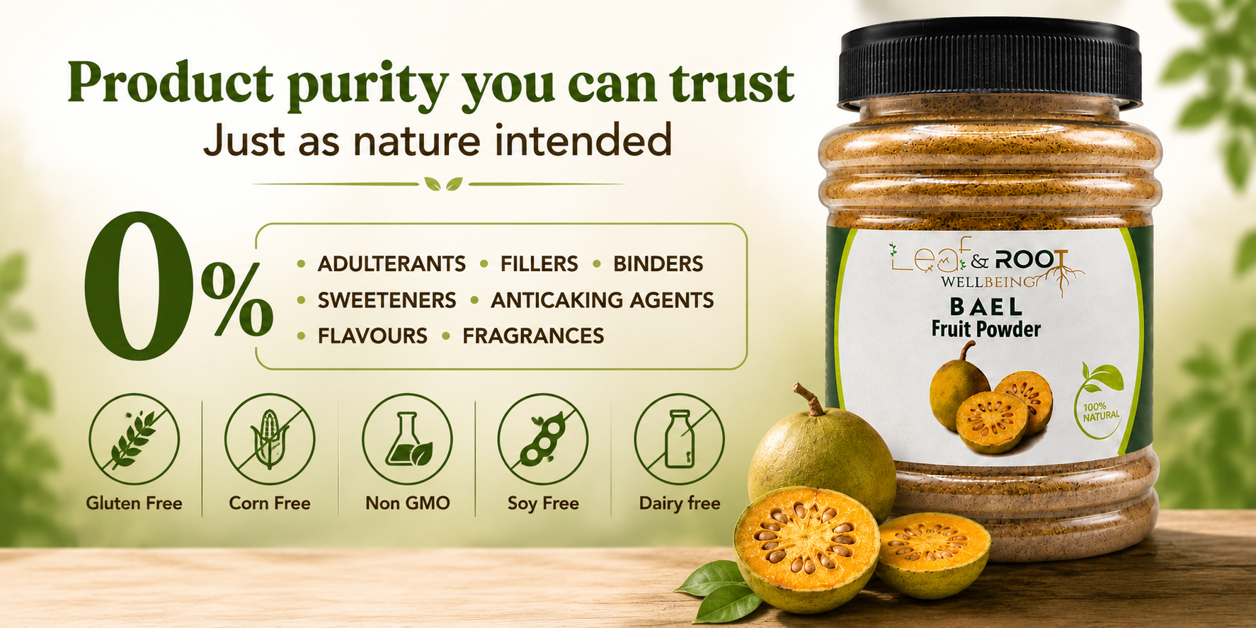 Leaf & Root Wellbeing Bael Fruit Powder 100g | 100% Pure Bael Powder | Belgiri | Aegle Marmelos | Wood Apple Fruit | Plant-Based | No Added Sugar, Preservatives or Artificial Colors