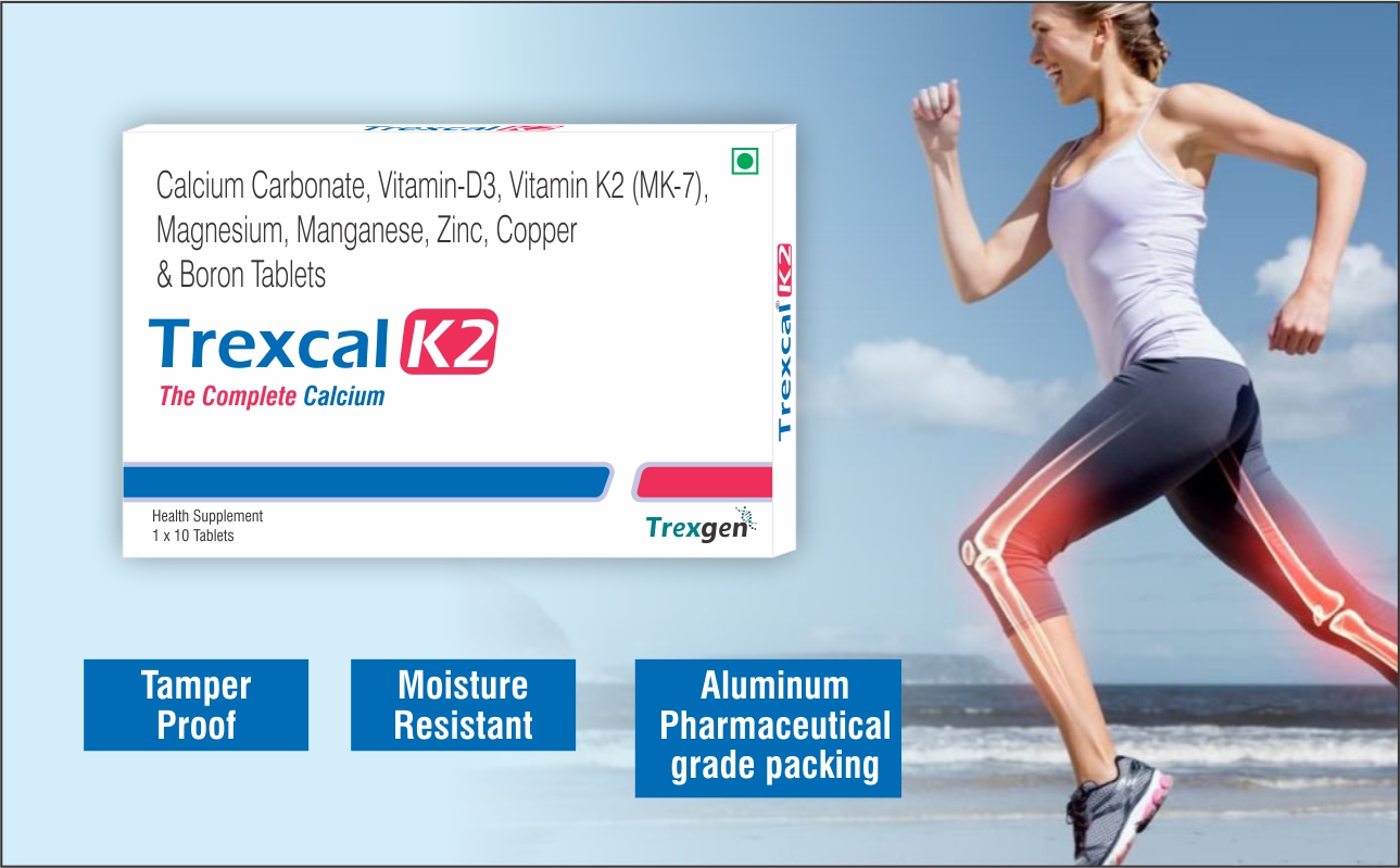 Trexgen TREXCAL-K2 The COMPLETE CALCIUM with Elemental Calcium 500 mg; Vitamin D3(Stabilized)400 IU; Vit. K2-7 55 mcg & BONE MATRIX Minerals Magnesium; Boron; Zinc; Manganese & Copper(5x10=50 Tablets)