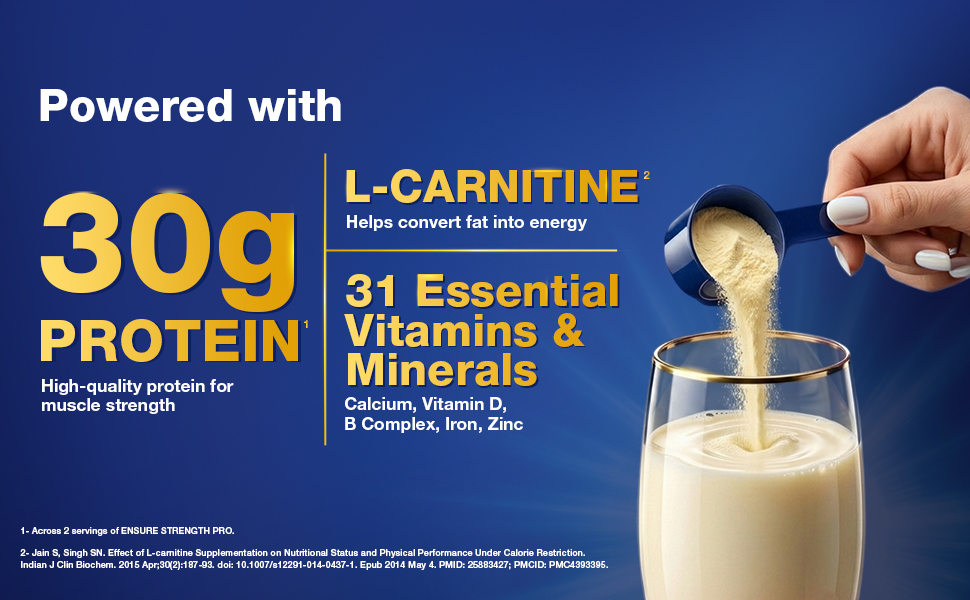 Ensure Strength Pro | High Protein Nutritional Drink for Adults | Vanilla Delight (400g) | 30g Protein, Low GI, Gluten Free | L-Carnitine| No Artificial Flavors | Scientifically formulated with Power of 7- Muscles, Bones, Heart, Immune System, Metabolic System, Nervous system, Blood Cells health
