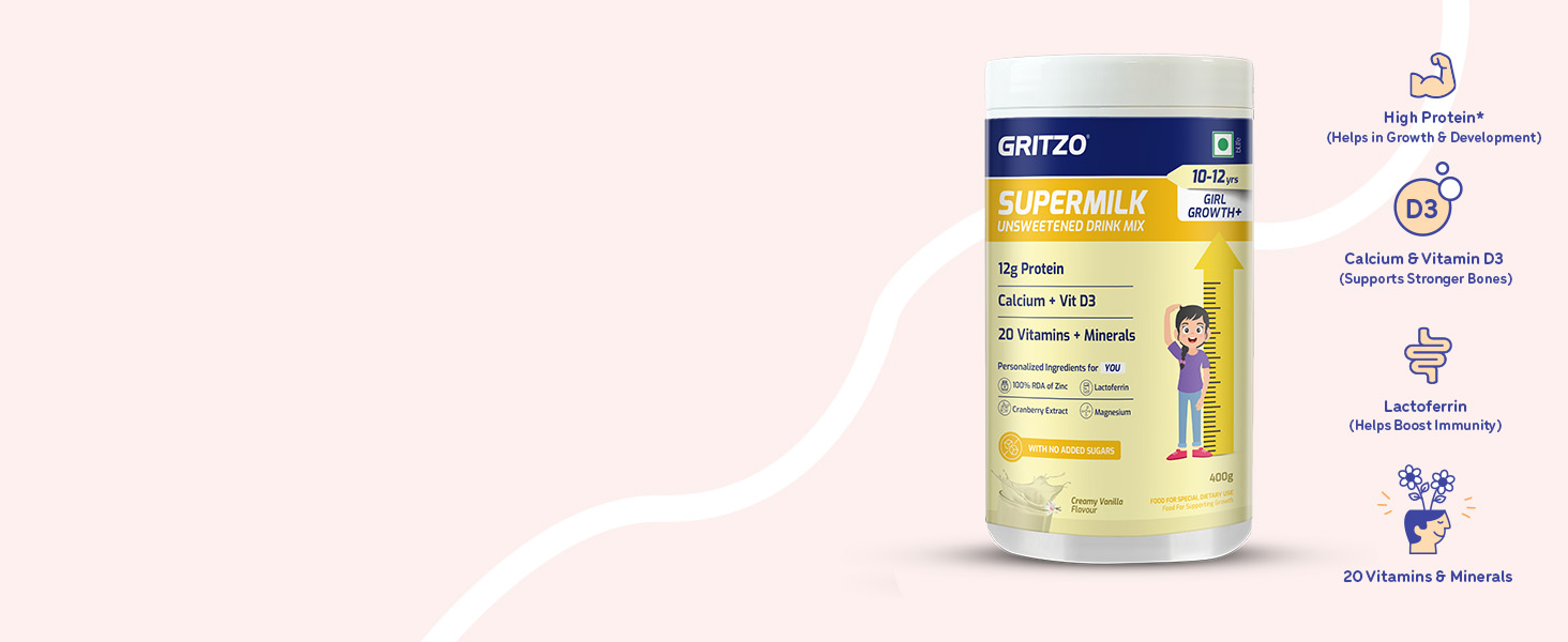 Gritzo SuperMilk Growth+ Unsweetened (10-12y Girl), Creamy Vanilla, 400g