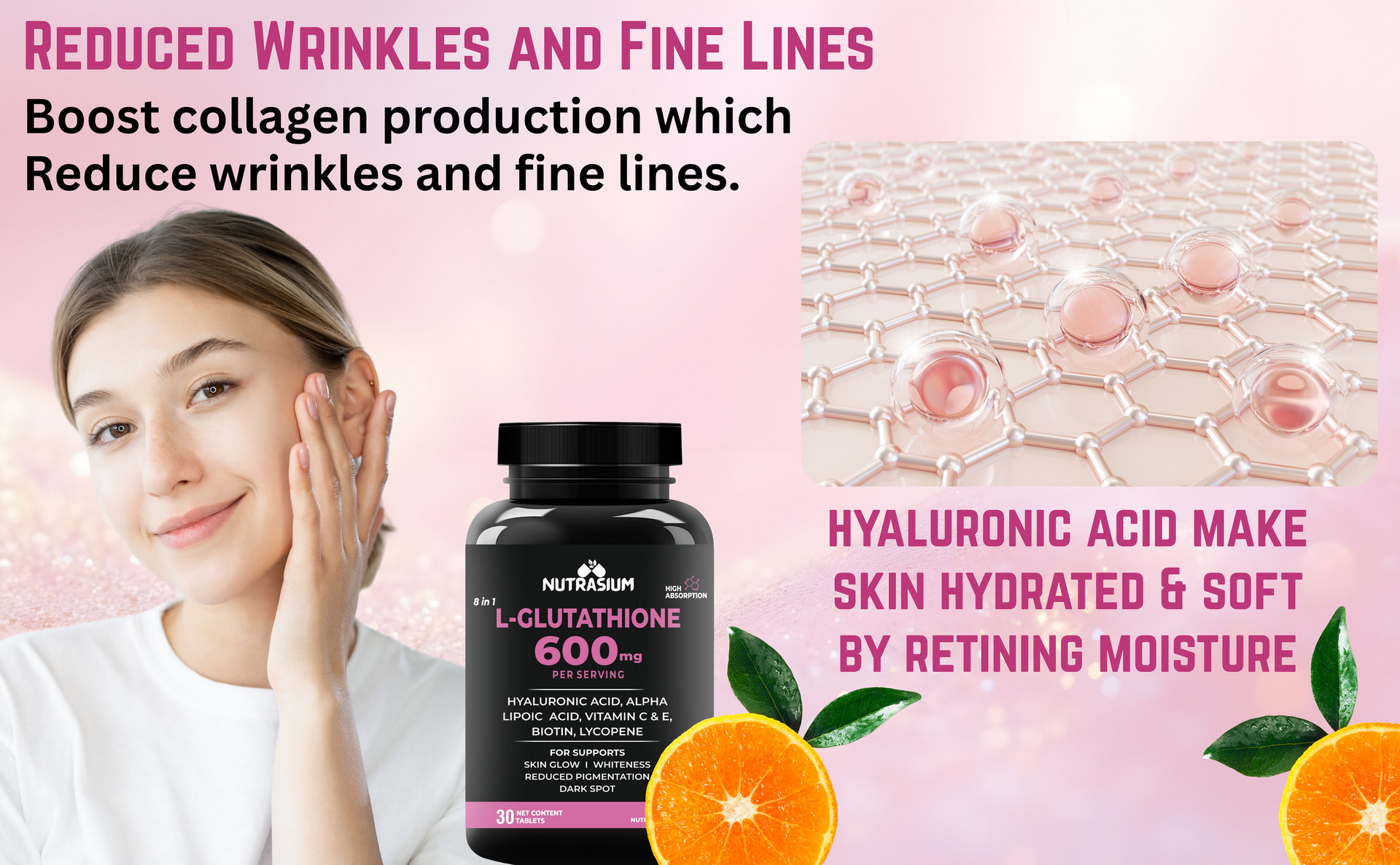 Nutrasium | Glutathione tablets for skin Glow | L-Glutathione 600 mg with Hyaluronic Acid & Biotin | For Skin Glow, Brightening, Hydration, Even skin tone & Skin Radiance | Added Vitamin C & E with Lycopene | 30 Tablets