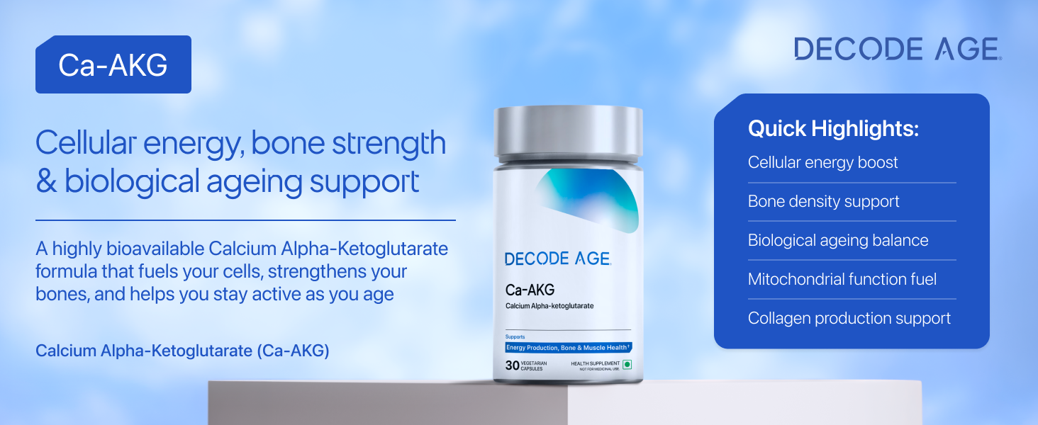 Decode Age Ca-AKG Supplement 500 mg – 99.9% Pure, Highly Bioavailable Calcium Alpha-Ketoglutarate for Bone Strength, Energy & Muscle Recovery – Clinically Tested, 30 Vegetarian Capsules