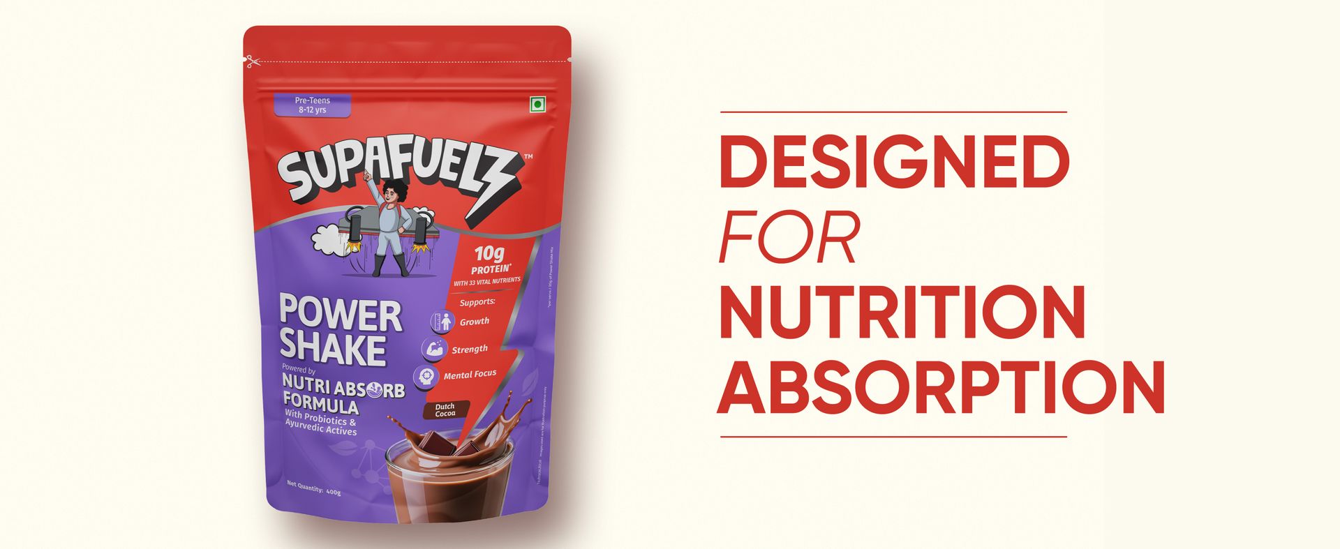 Power Shake 8-12 yr kids | Height & Strength Drink | 10g Protein, 33 Nutrients, Probiotics & Ayurvedic Actives | Nutrition Support for Growth, Focus & Energy | Chocolate 400g | Safe Nutrition Drink For Kids