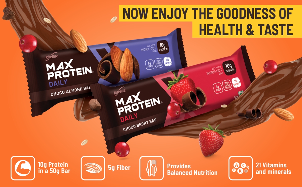 RiteBite Max Protein Daily Choco Almond Protein Bars with 10g Protein, 5g Fiber & 21 Vit. & Minerals | 0 Added Sugar, No Cholesterol & Trans Fat For Upto 2h of Energy, Healthy Snack, 50g (Pack of 6)