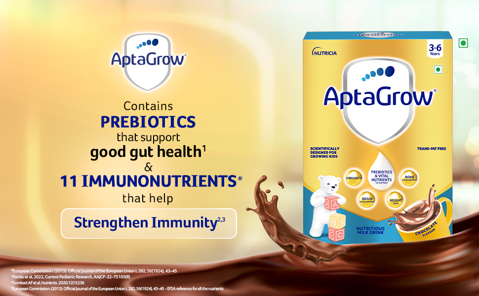 AptaGrow Milk Drink Powder For Kid S Height Gain,Immunity & Brain Development,Nutritious & Tasty Chocolate Flavor,400 G|37 Nutrients|Prebiotics|Low Fat|Veg,1 Count,13 Servings