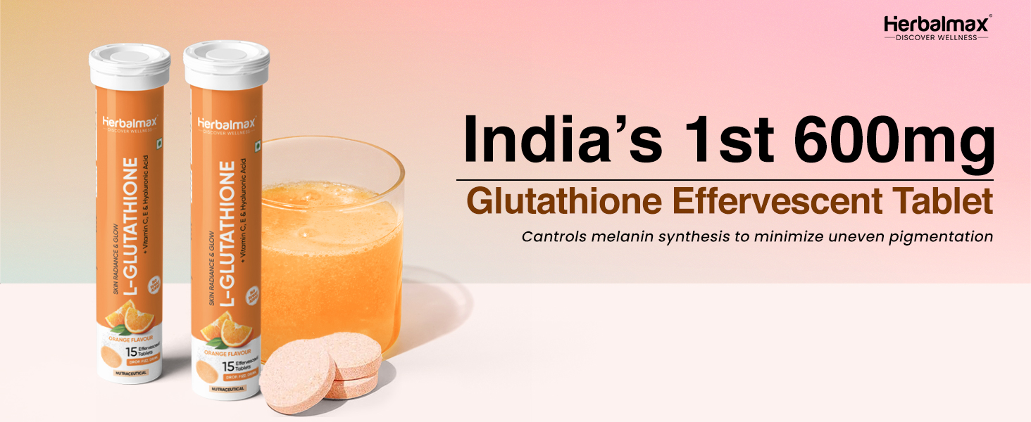 Herbal Max Glutathione Effervescent Tablets – 30N Packed with Vitamin C, Hyaluronic Acid & Biotin to Support Healthy Hair, Skin & Nails for a Natural Glow & Boost Hydration (Pack of 2, Orange)