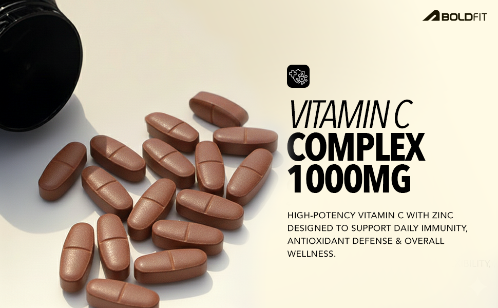 Boldfit Vitamin C Tablets for Men and Women Vitamin C Supplement with Amla Orange Extract and Zinc Immunity Booster Tablets for SkinCare, Antioxidant and Energy - 60 Veg Tablets