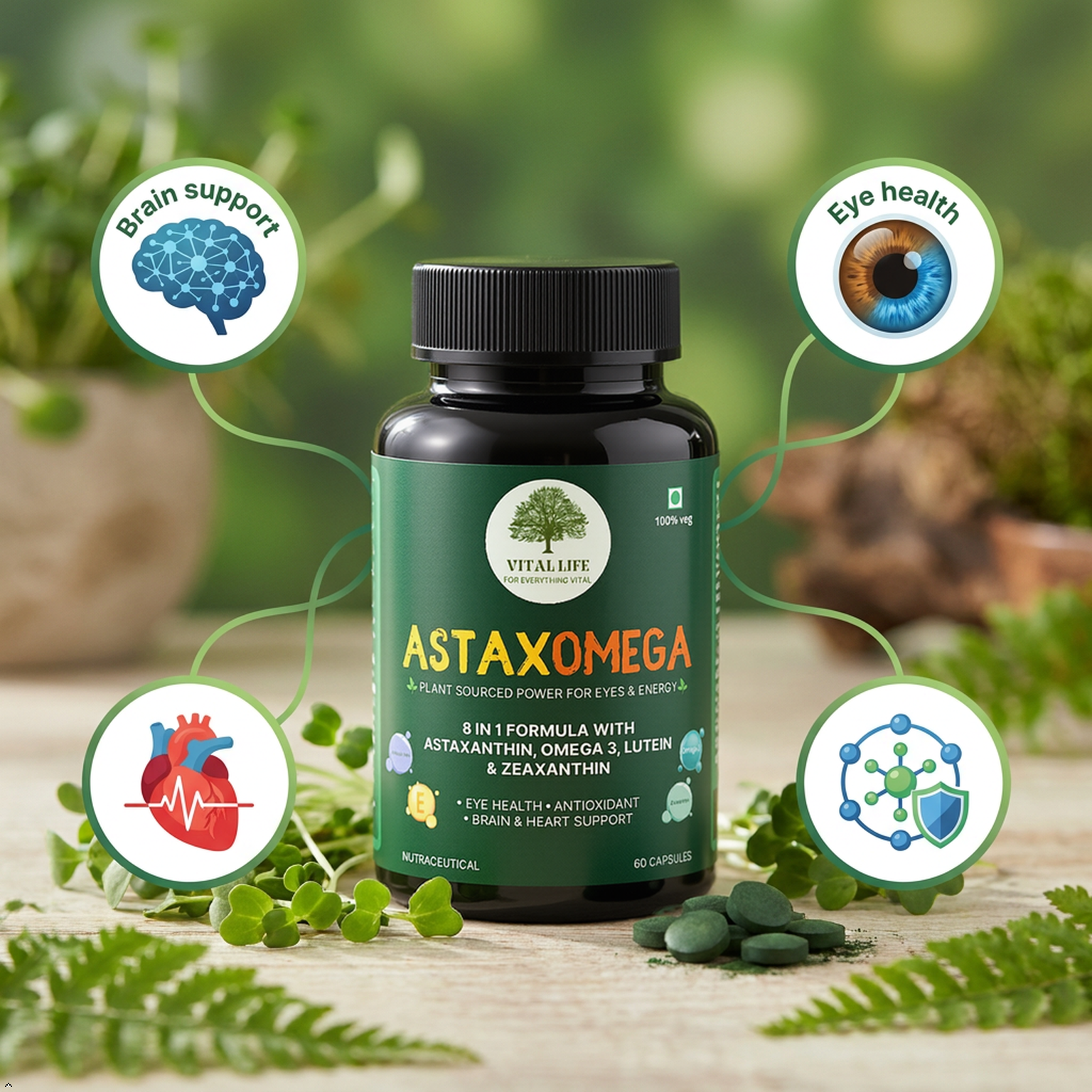 VITAL LIFE AstaxOmega 8 in 1 Formula, 60 Veg Capsules