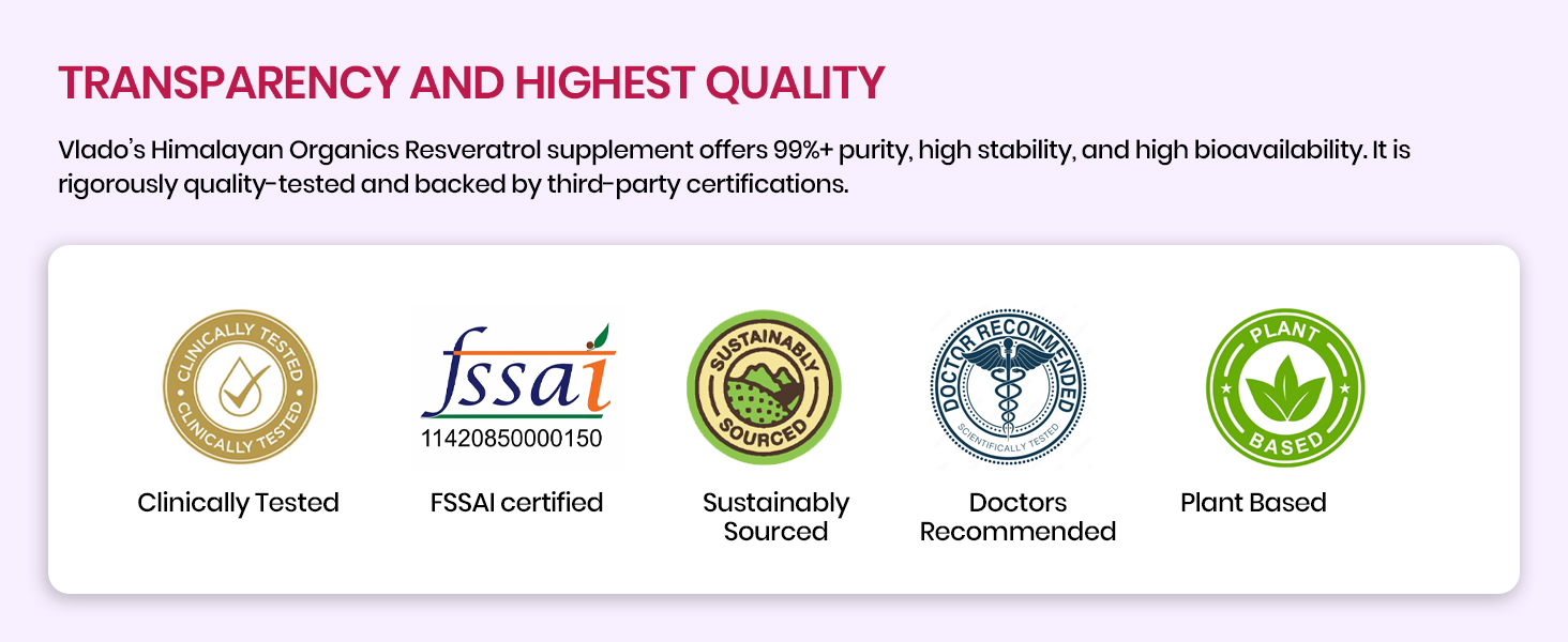 Vlado’s Himalayan Organics Resveratrol 255mg with Grape Seed Extract Supplement | Support Heart And Skin Health | Stop Aging | Powerful Anti-oxidant | Anti Aging Supplement for Youthful Skin I Pharma Grade Resveratrol Supplements for Max Absorption - 60 Veg Capsules