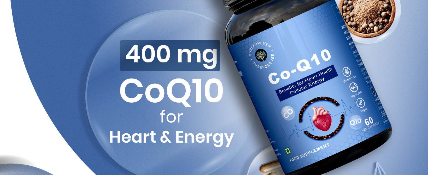 CUREFOREVER CoQ10 Supplement 400mg | Lab Tested Coenzyme Q10 with BioPerine 10mg for Better Absorption | Supports Heart Health, Cellular Energy & Antioxidant Support | 60 Capsules (30 Day Supply)