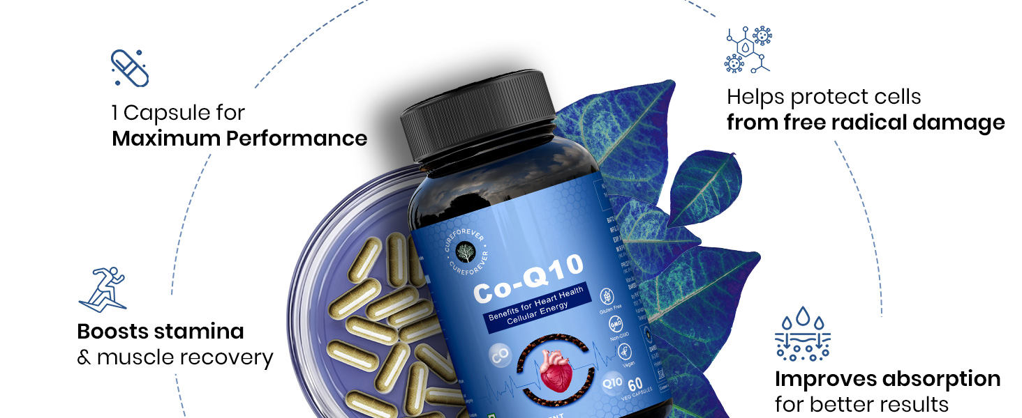 CUREFOREVER CoQ10 Supplement 400mg | Lab Tested Coenzyme Q10 with BioPerine 10mg for Better Absorption | Supports Heart Health, Cellular Energy & Antioxidant Support | 60 Capsules (30 Day Supply)