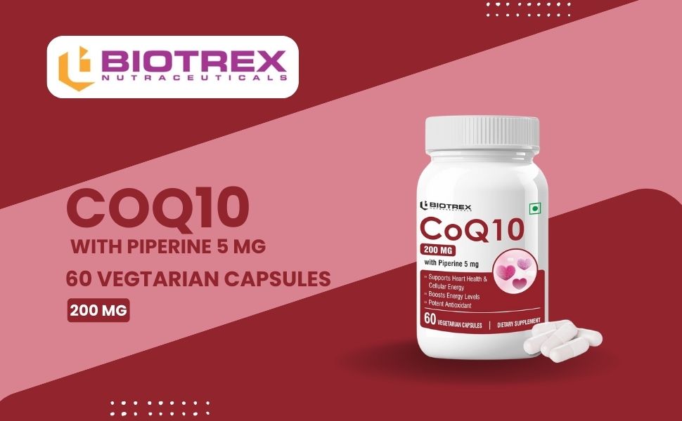 Biotrex Nutraceuticals High Bioavailabilty Coq10 200mg With 95% Purity Piperine 5mg (Coenzyme Q10) - 60 Vegetarian Capsules