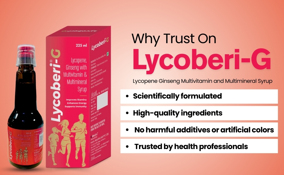 G Lycopene Ginseng Multivitamin and Multimineral Syrup, 225 ml, help to Improves Stamina Enhances Energy and Supports Immunity Booster (Pack of 1)