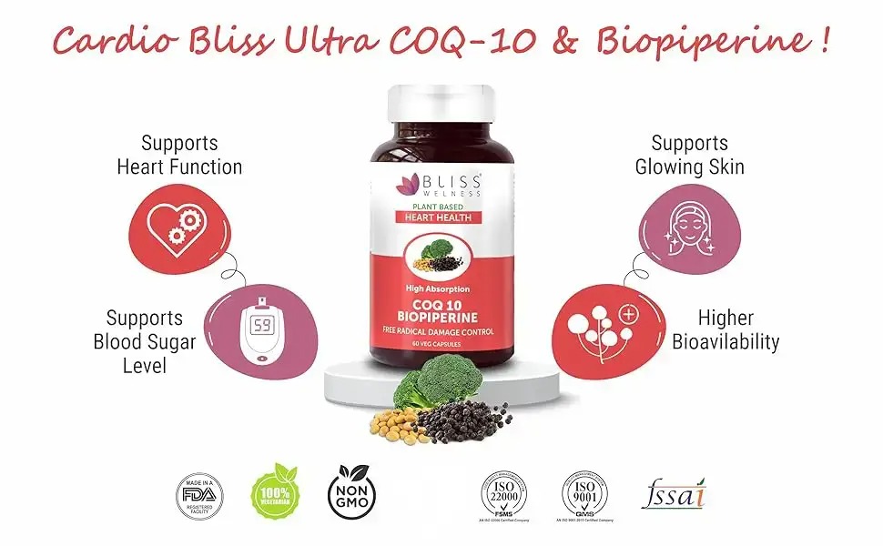 Bliss Welness Coenzyme Q10 (CoQ10) 200mg Bio Piperine 5mg | Heart Healthy Ageing High Absorption Glowing Skin Immunity Energy Boost Health Supplement - 60 Vegetarian Tablets