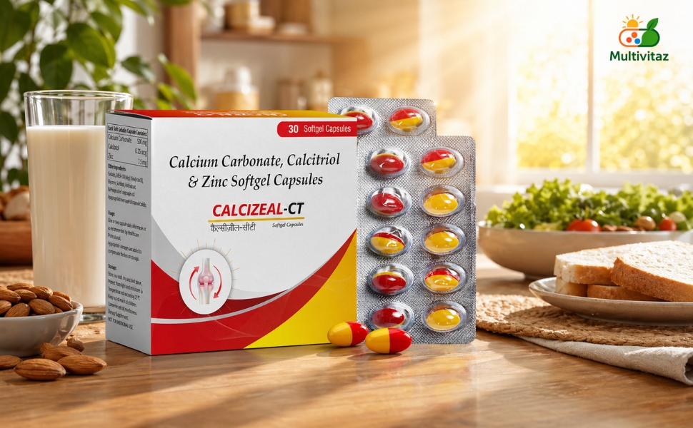Calcium Carbonate, Calcitriol & Zinc Softgel Capsules | Calcizeal-CT - Bone Strength, Joint Support & Muscle Health Supplement | Best Calcium & Zinc Softgels for Bone Loss Prevention | 30 Capsules