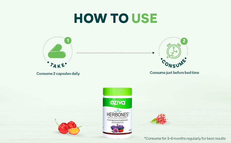 OZiva Plant Based HerBones|Healthy Bones Supplement for Better Bone Health & Bone Strength & Density|With Acerola Cherry & Ashoka for Healthy Bones for Women,Certified Vegan,60 capsules,70 grams