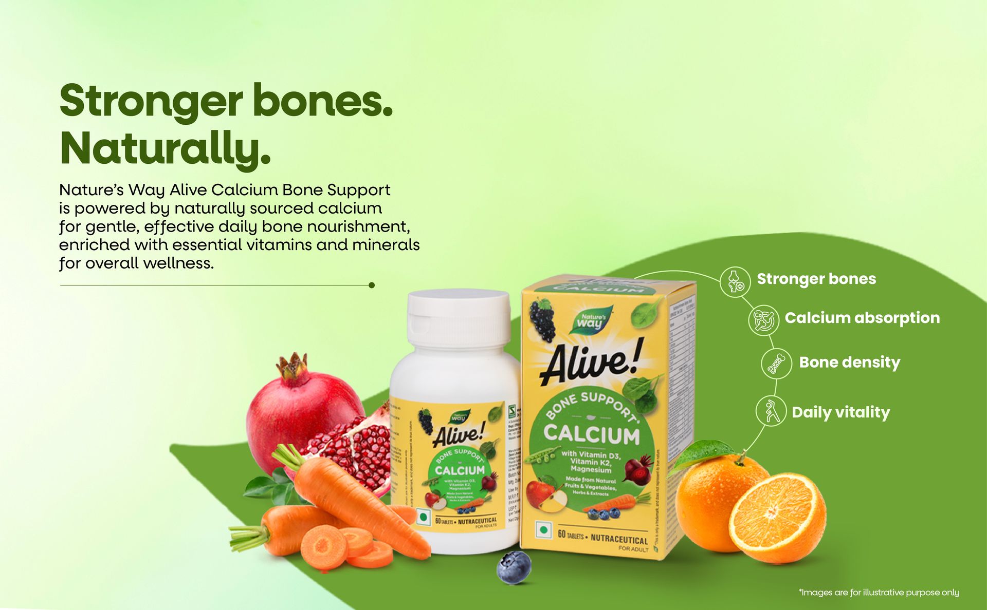 Nature's Way Alive Calcium Bone Support with Vitamin D3,Magnesium and Vitamin K2-7 | Joint and Bone support for Men & Women | Natural Calcium for Strong Bones & Teeth - 60 Veg Tablets