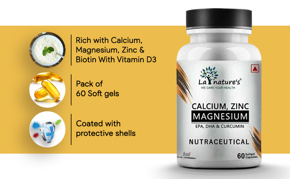 La Nature's Calcium Magnesium Zinc With Biotin & Vitamin D3 - Calcium Citrate 500 Mg And Vitamin D3 400 Iu - Adults - 60 Softgels