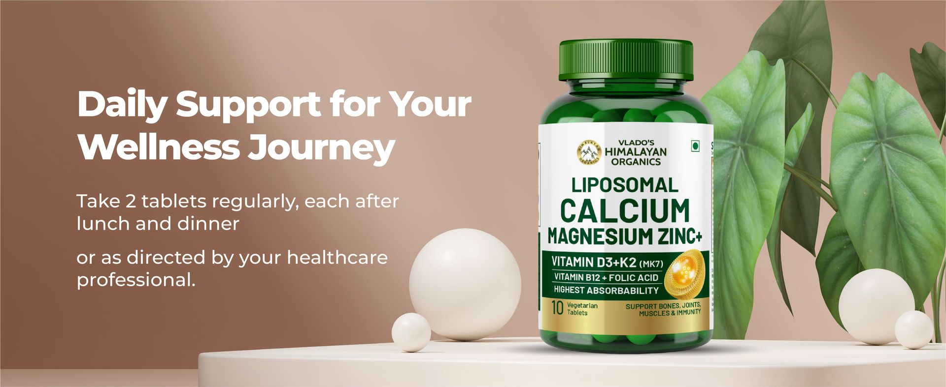 Vlado’s Himalayan Organics Plant Based Calcium Magnesium + Zinc | Vitamin D3+k2 Supplement For Stronger Bones | Boost Immunity | Healthy Heart | Muscle Growth - 60 Veg Tablets