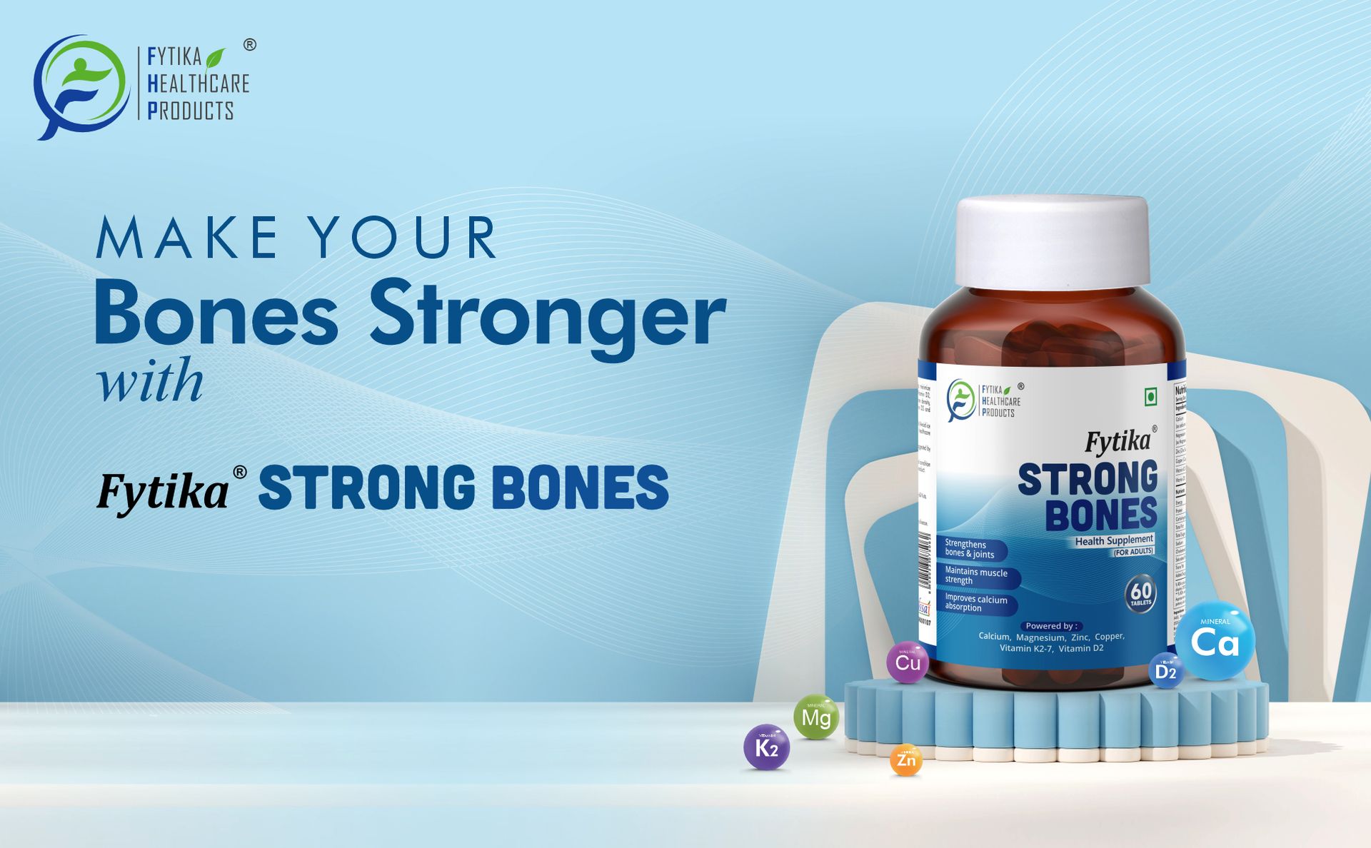 Fytika Strong Bones - 60 TABS (Pack of 1) | Calcium 1000mg + Vitamin D3 400IU Supplement with Magnesium, Zinc,Coper & Vitamin K2 for Complete Bone, Joint & Muscle Health - Women and Men