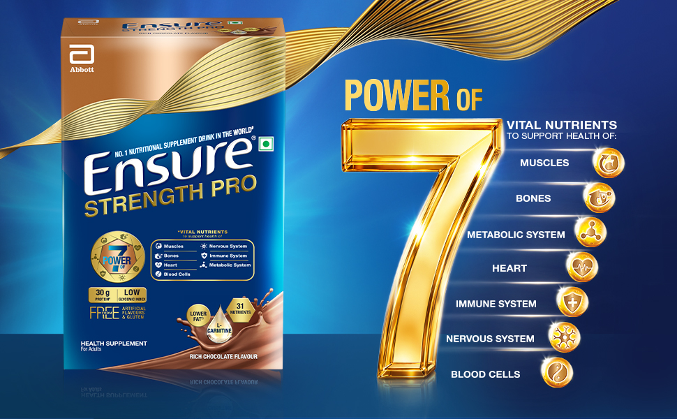 Ensure Strength Pro | High Protein Nutritional Drink for Adults | Rich Chocolate (400g) | 30g Protein, Low GI, Gluten Free | L-Carnitine| No Artificial Flavors | Scientifically formulated with Power of 7- Muscles, Bones, Heart, Immune System, Metabolic System, Nervous system, Blood Cells health