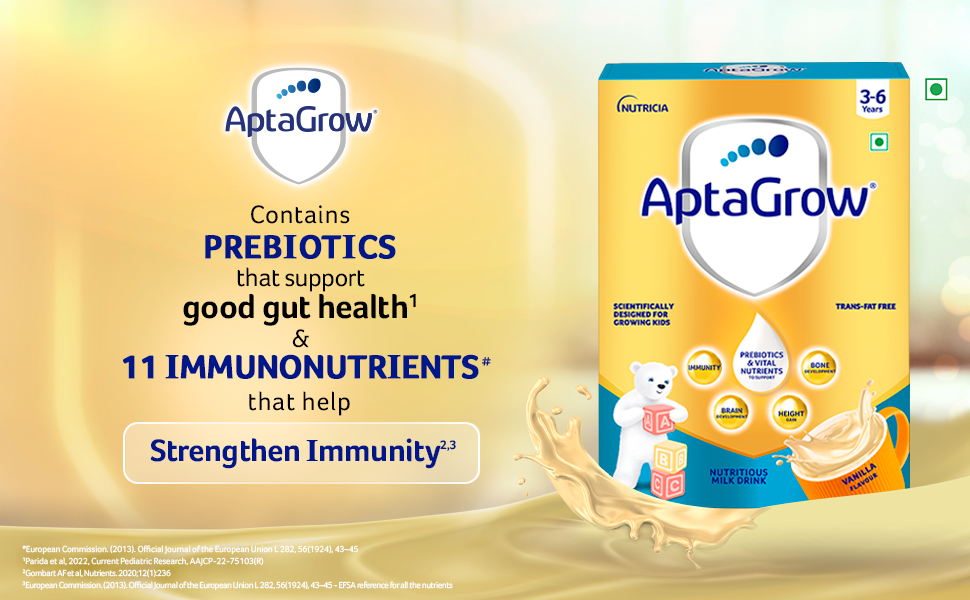 AptaGrow Milk Drink Powder for Kid s Height Gain, Immunity & Brain Development, Nutritious & Tasty Vanilla Flavor, 400g | 37 Nutrients | Prebiotics | Low Fat | Veg