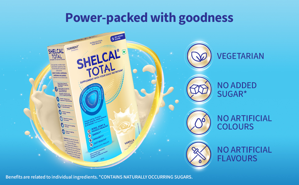 Shelcal Total - Powered by Protein, Multi-Vitamin, Multi-Mineral & Prebiotic supports Bone, Joint & Muscle, Immunity, Gut Health and more - No Added Sugar (Vanilla) 200g - By Torrent Pharma