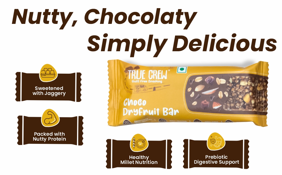 Sri Sri Tattva True Crew Choco Dryfruit Bar - 25 g | High Protein & High Fibre Snack | With Dates, Almonds, Groundnuts & Oats, Jaggery Sweetened, No Trans Fat | (25 g x Pack of 10)