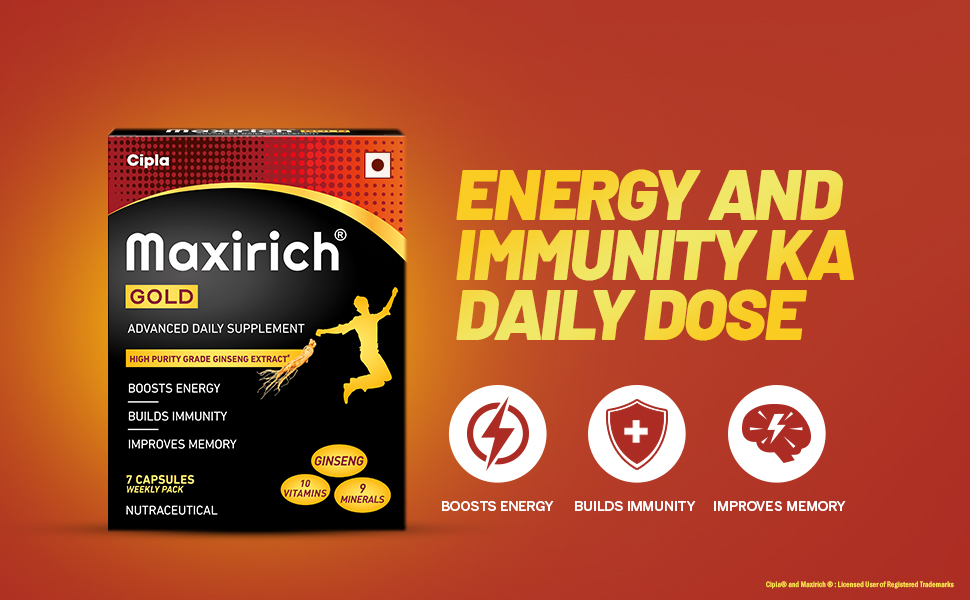 Cipla Maxirich Gold Daily Multivitamin (35 Softgels) with high purity grade Ginseng Extract*, 10 Vitamins and 9 Minerals | Boosts Energy & Immunity | Reduces Fatigue | Helps Improve Mental Alertness