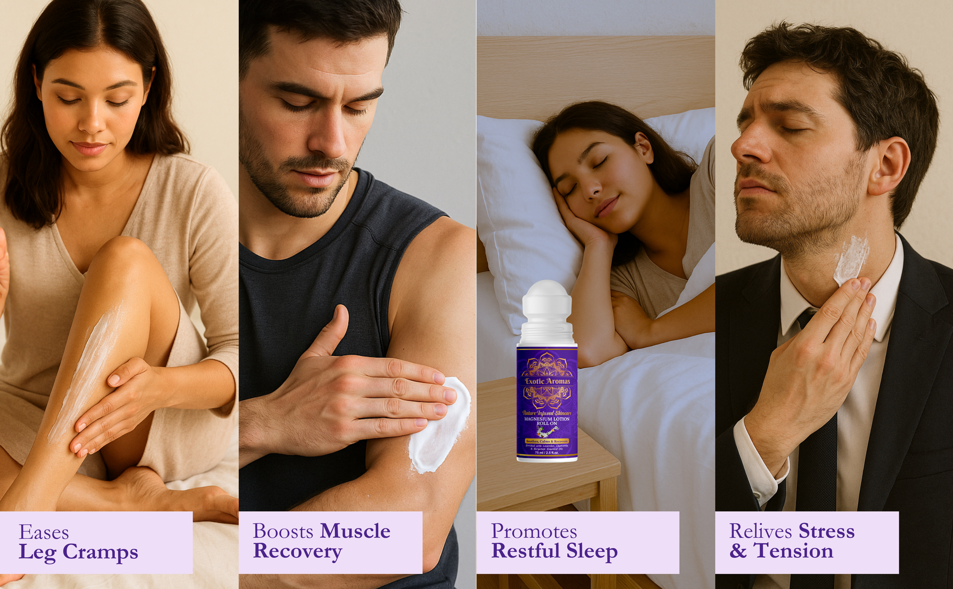 Exotic Aromas Magnesium Lotion Roll on, with topical magnesium chloride | Soothes Muscle Cramps| Promotes Good Sleep | Quick Post Workout recovery| Non Greasy-75ML
