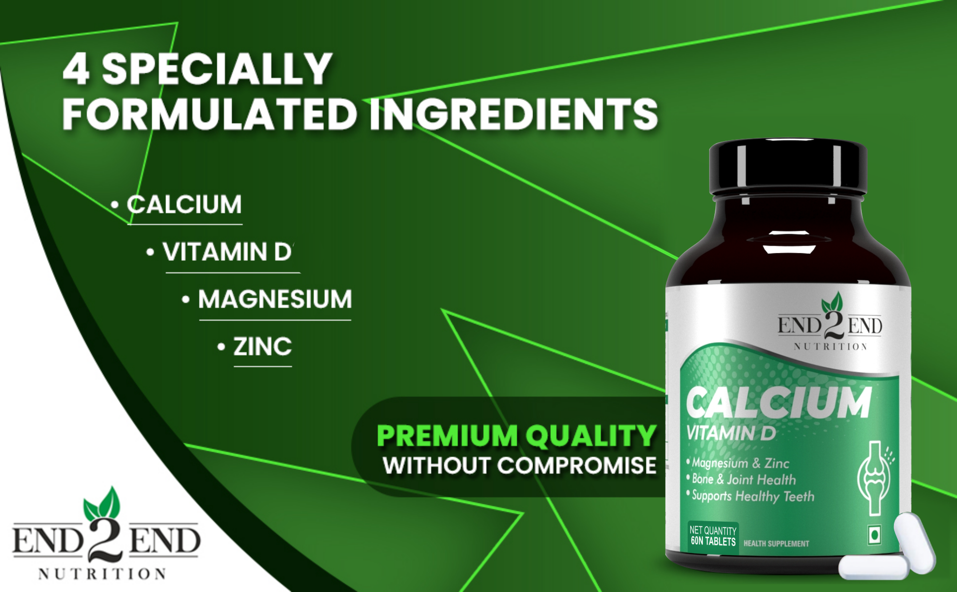 End2End Nutrition Calcium Tablets for Men and Women with Magnesium Zinc Vitamin D for complete bone health & Joint Support - 60x2 Tablets