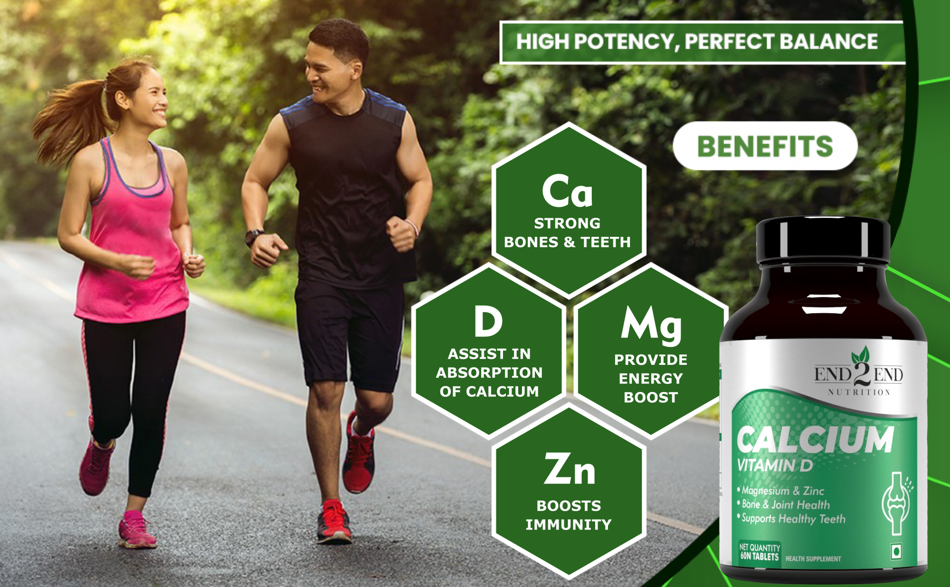 End2End Nutrition Calcium Tablets for Men and Women with Magnesium Zinc Vitamin D for complete bone health & Joint Support - 60x2 Tablets
