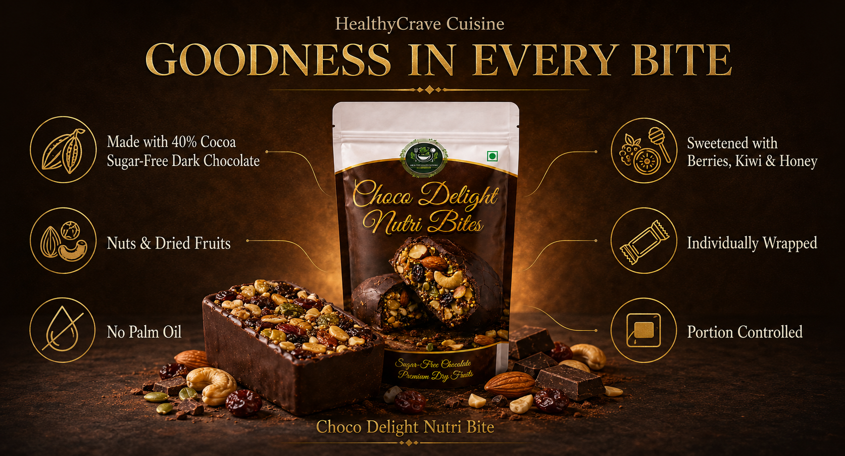 HealthyCrave Cuisine Choco Delight Nutri Bite | Sugar-Free Chocolate with Dry Fruits | High Fiber Energy Bites | Tiffin-Ready Snack | (100 g, Sugar Free -Dark Chocolate)