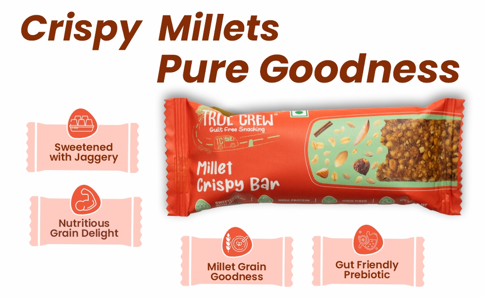 TRUE CREW Millet Crispy Bar - 250g | High Protein & High Fibre Snack | Jaggery Sweetened No Refined Sugar | Gluten & Soy Free | (25g x Pack of 10)