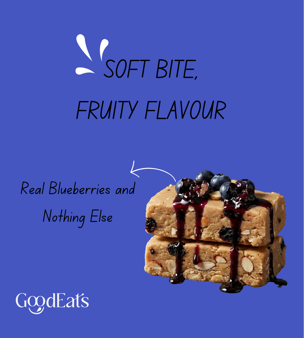 GoodEats Blueberry Protein Bar | Protein Blend (Soya Isolate + Whey Concentrate) | 23.1g Protein (Per 65g) | Naturally Occuring Sugars, Maximum Impact | Dates + Nuts | With Prebiotic Fiber | 65g x 4