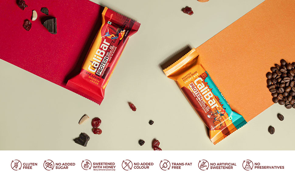 CaliBar 10g Protein Bar - Berry Almond + Roasted Coffee Bean + Choco BlueBerry Crispy Bar (Combo Pack of 6) Variety Pack , With Real Coffee, With Real Bits of Cranberry & Blackcurrant, Low In Sugar, Sweetened With Honey, Gluten-Free, 4g Fiber, No Preservatives, No Palm Oil, Delicious Taste & 100% Veg. | Guilt-Free snacking for High Protein diets, Sustained Energy, Fitness & Immunity (40g x 6 Bars)