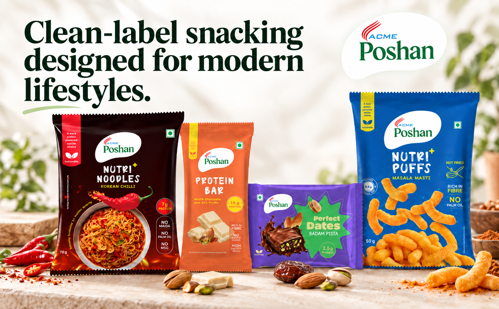 ACME Poshan Snack Variety Pack, Dark Chocolate & Dry Fruits Protein Bar, Nutri+ Noodles Korean Chilli, Nutri+ Puffs Spicy Fusion, High Protein, No Palm Oil, No MSG Healthy Snacks Combo, Pack of 3