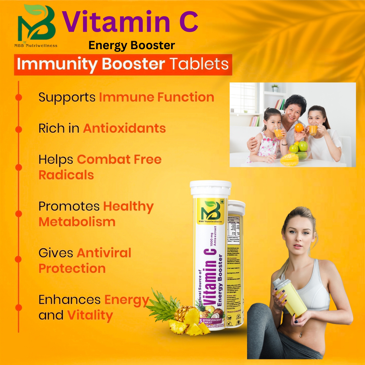 Vitamin C Effervescent Tablets, Pinacolada Flavour with Amla Extract, 1000mg, 15 Tablets (Pack of 1)