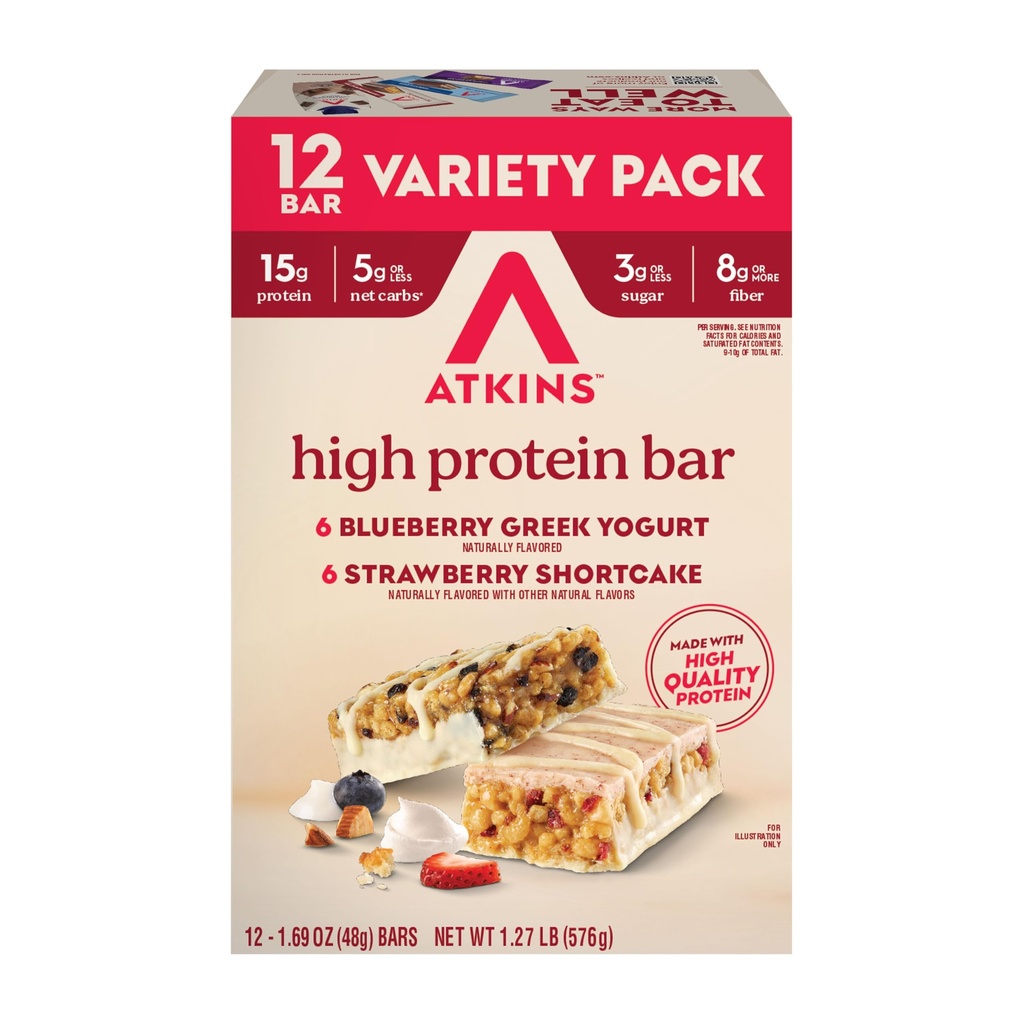 Atkins Blueberry Griechischer Joghurt & Strawberry Shortcake High Protein Bar, High Fiber, Keto Friendly, 12 Count (6 Bars Jede Geschmack)