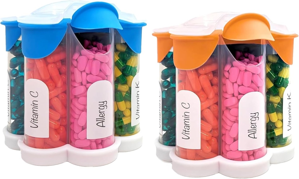 Extra Large Pill Organizer Täglich, Wöchentlich, Monatliche Beilage Flasche, niedliche Blossom Pill Dispenser mit 7 XL Compartments (2 Pack Combo) (Light Blue und Orange)