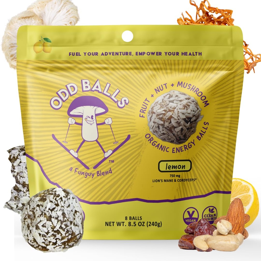 ODD BALLS Organic Energy Balls Lemon - Superfood Pilz Snack - Laufen, Radfahren, Wandern - Gels, Bars Alternative - Lion's Mane Focus, Cordyceps Energy - Vegan, Gluten kostenlose Snacks für Kinder & Erwachsene