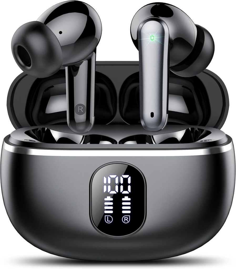 Wireless Earbuds, Bluetooth 5.3 Kopfhörer Big Bass Stereo, Ohr Buds mit Noise Cancelling Mic LED Display, in Ohr Kopfhörer IP7 wasserdicht, 50H Playtime für Sport, Schwarz