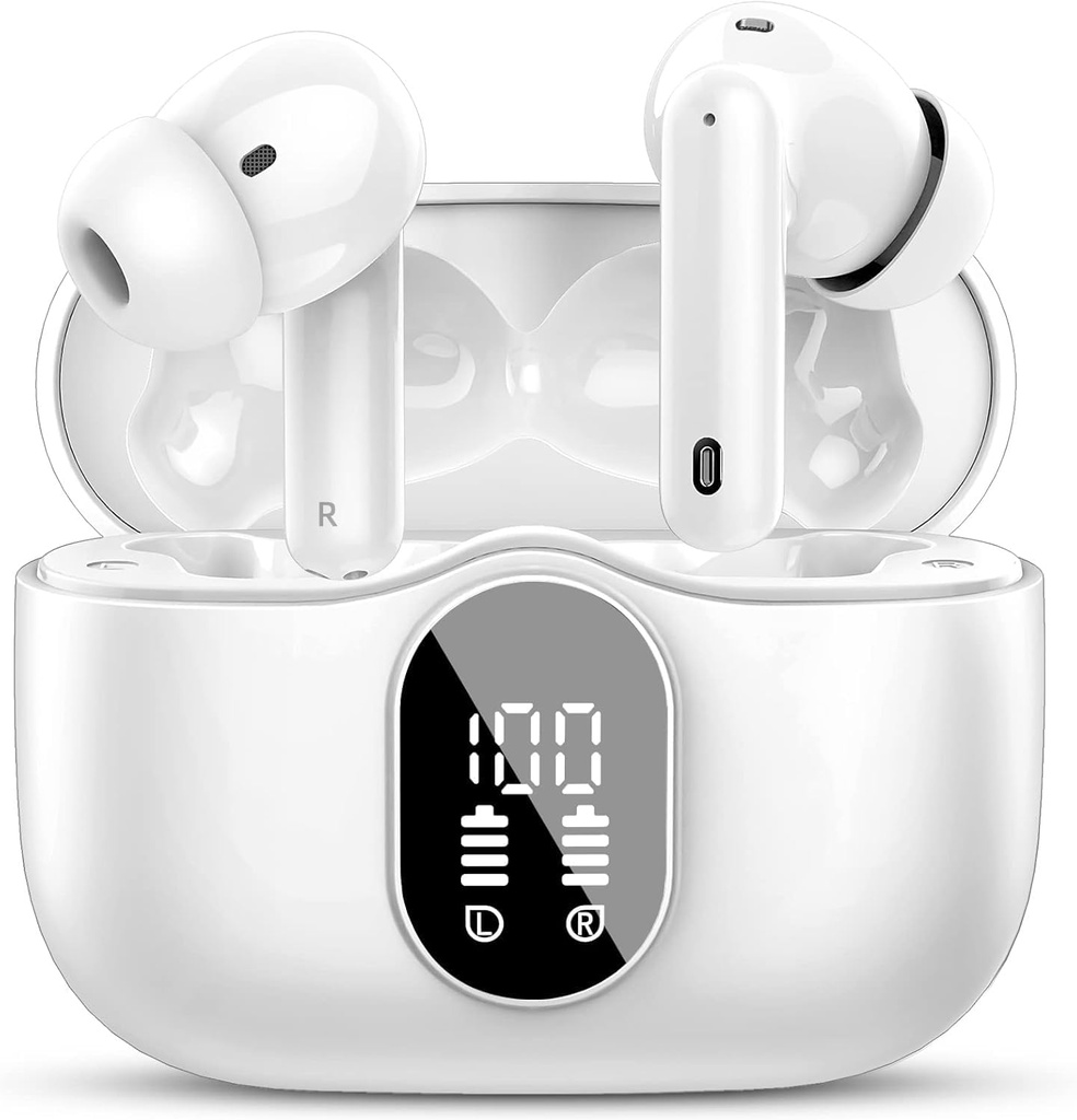 Btootos Wireless Earbuds Bluetooth 5.4 Kopfhörer Bass Stereo Ear Buds mit Lärm abbrechen Mic LED-Anzeige im Ohr Kopfhörer IP7 wasserdicht 36H Playtime für Laptop Pad Telefone Sport Workout Weiß