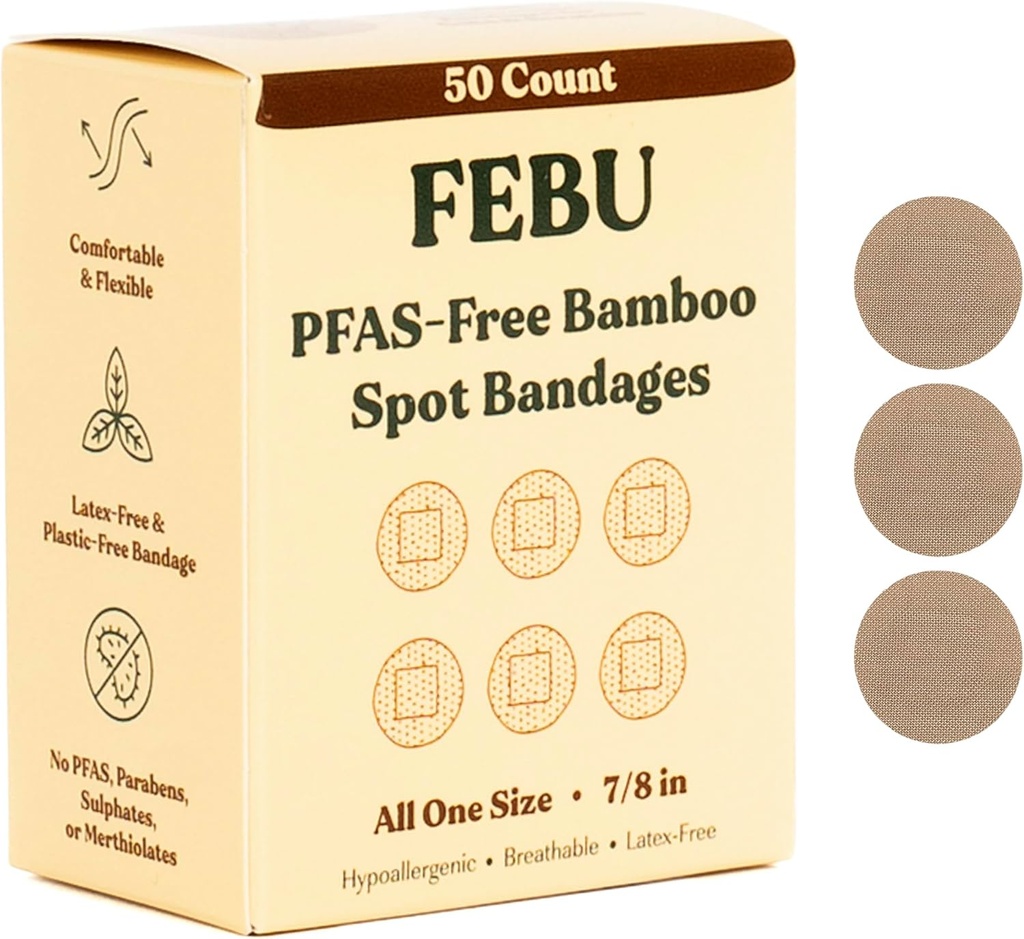 FEBU Eco-Friendly Bamboo Stoff Bandagen | PFAS Kostenlose Bandagen für Scrapes & Cuts | Flexible Stoff Bandage | Vollkompostierbar, Latex freie Bandage | 50 Count Spot