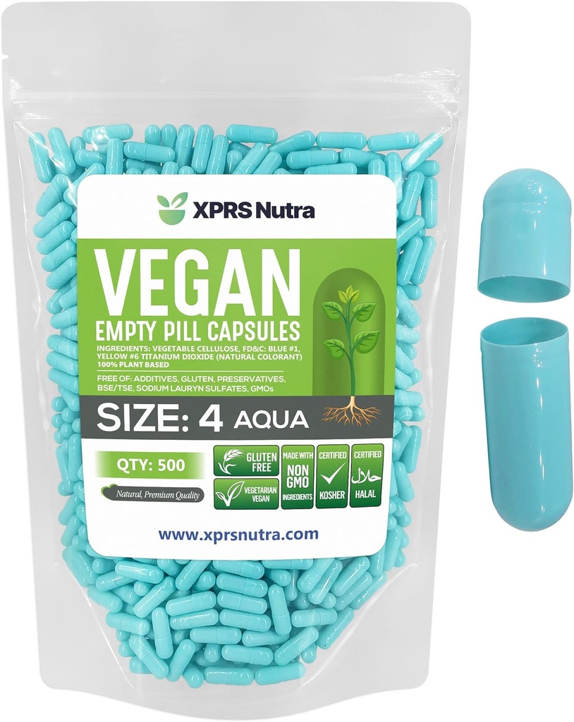 XPRS Nutra Größe 4 Leere Kapseln - 500 Zähler kleine leere Vegan Kapseln - DIY Gemüse Kapsel Füllung - Füllbare Do-It-Yourself Veggie Pillen Kapseln für Ergänzungen (Aqua)