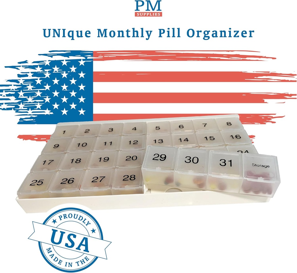Einzigartige XL Monatliche Pille Organizer mit 31 Fächern, 1 pro Tag, 4 Wochen Vollmonat 31 Tage Pill Organizer, Inklusive Tray und 8 Extra große abnehmbare Fächer