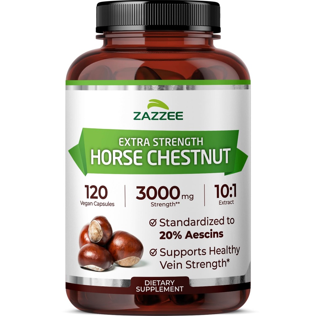 Zazze Extra Strength Horse Chestnut 10:1 Extrakt, 3000 mg Stärke, 20% Aescins, 4 Monate Versorgung, 120 Vegan Kapseln, Konzentriert und Standardisiert 10X Extrakt, All-Natural, Non-GMO, Made in USA