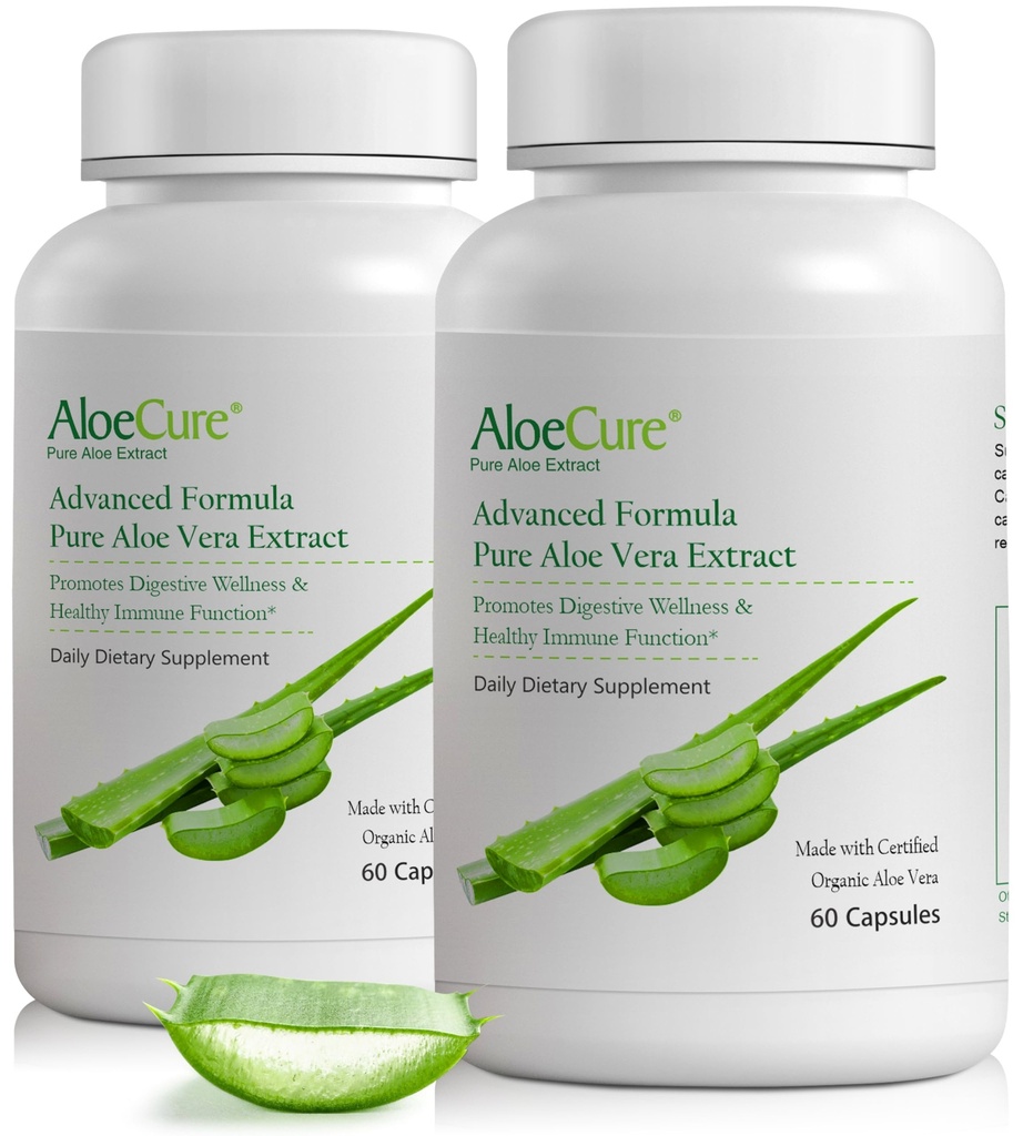 AloeCure Organic Aloe Vera Kapseln, 160.000mg Innere Aloe Blatt Äquivalent per Servieren, Stützgut, Verdauungs- und Immungesundheit, hilft Balanced Stomach Acidity, Aloin Free, 60Caps x 2Btl