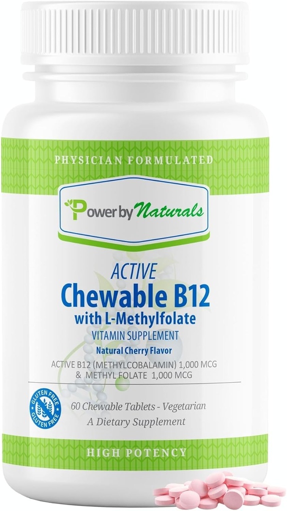 Power By Naturals Active Chewable Methylated B12 mit L-Methyl Folate Supplement für Damen und Herren, Cherry Flavor, 60 Tabletten